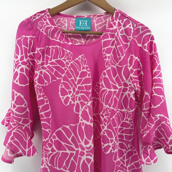 escapada Tops - Escapada Womens M Pink White Leaf Print Ruffle Bell Sleeve Rayon Top Resort Wear